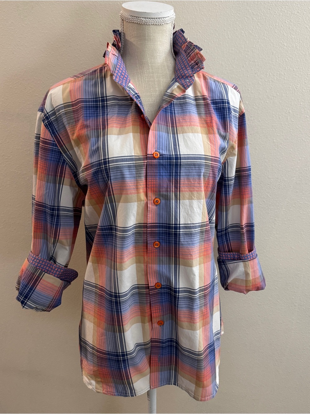 Upcycled ruffle collar shirt, blue/orange